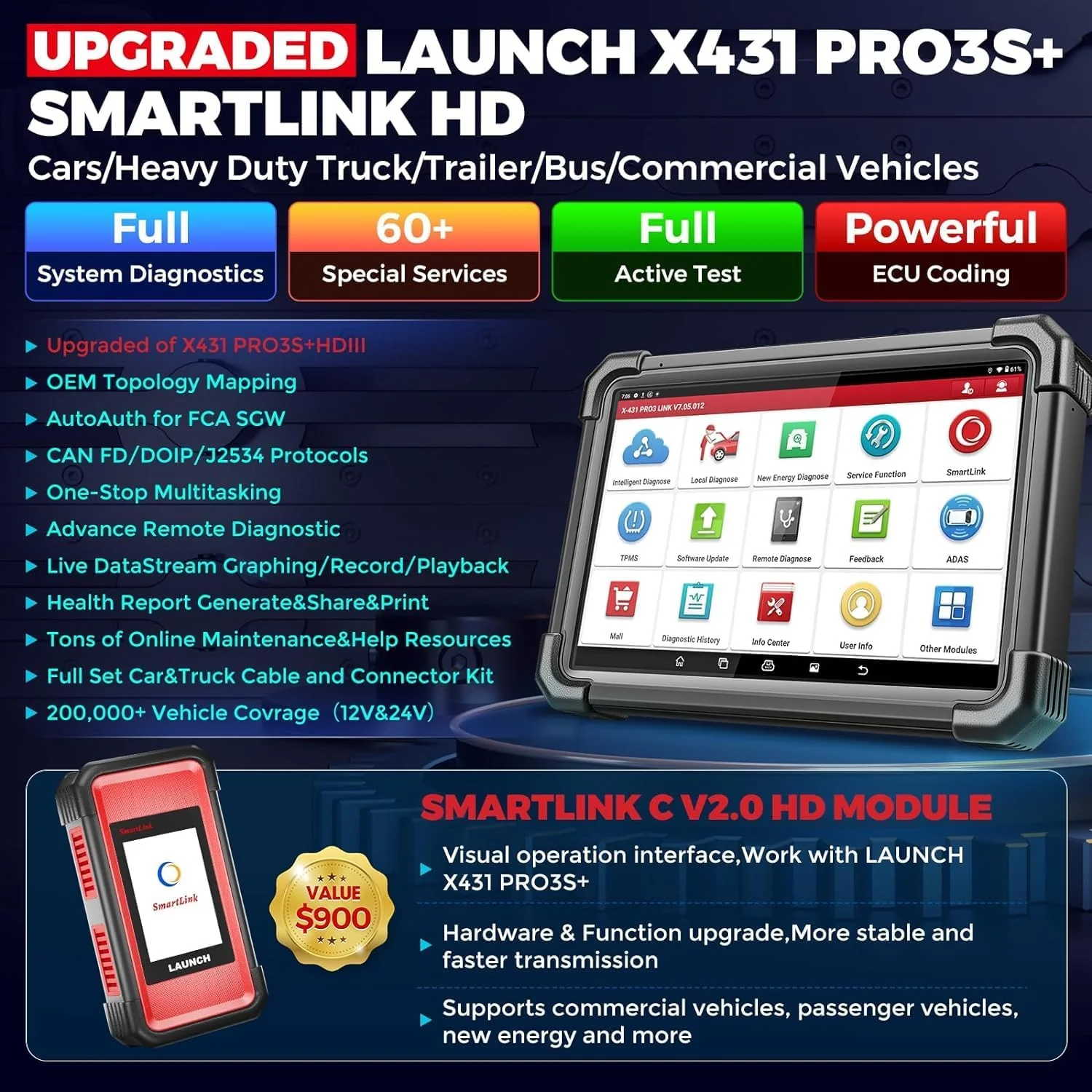 [2023 New] Launch X431 PRO3S+HDIII,Diesel&Gasoline Bidirectional Diagnostic Scan Tool,Cars&Heavy Duty Trucks All Systems Scanner,Key Program,ECU Coding,50+Service,Cars&Trucks Connector Kits - Image 2