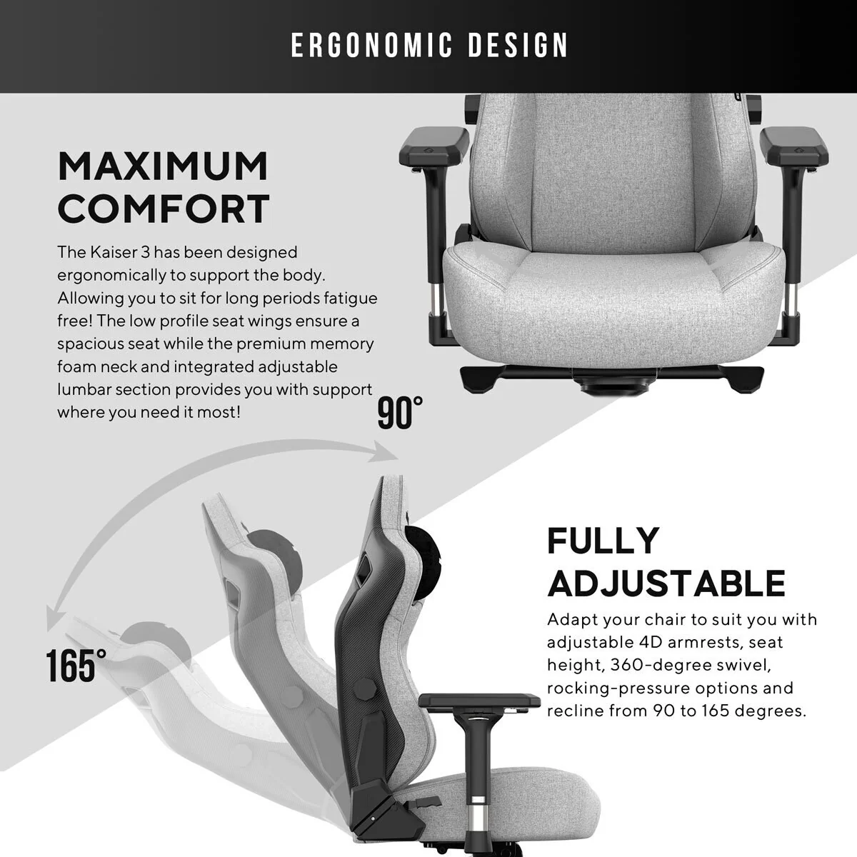 Anda seaT Kaiser Series 3 Large Fabric Gaming Chair, Grey - Image 4