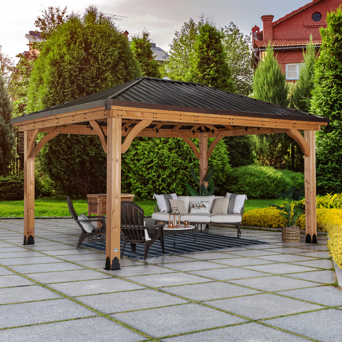 Sideyard Brrington Gazebo 4.9m x 3.7m, Cedar Wood Frame with Heavy-Duty Steel Hip Roof, Pro-Tect™ Tested, Pre-Stained, Easy Assembly, 5-Year Warranty - Image 2