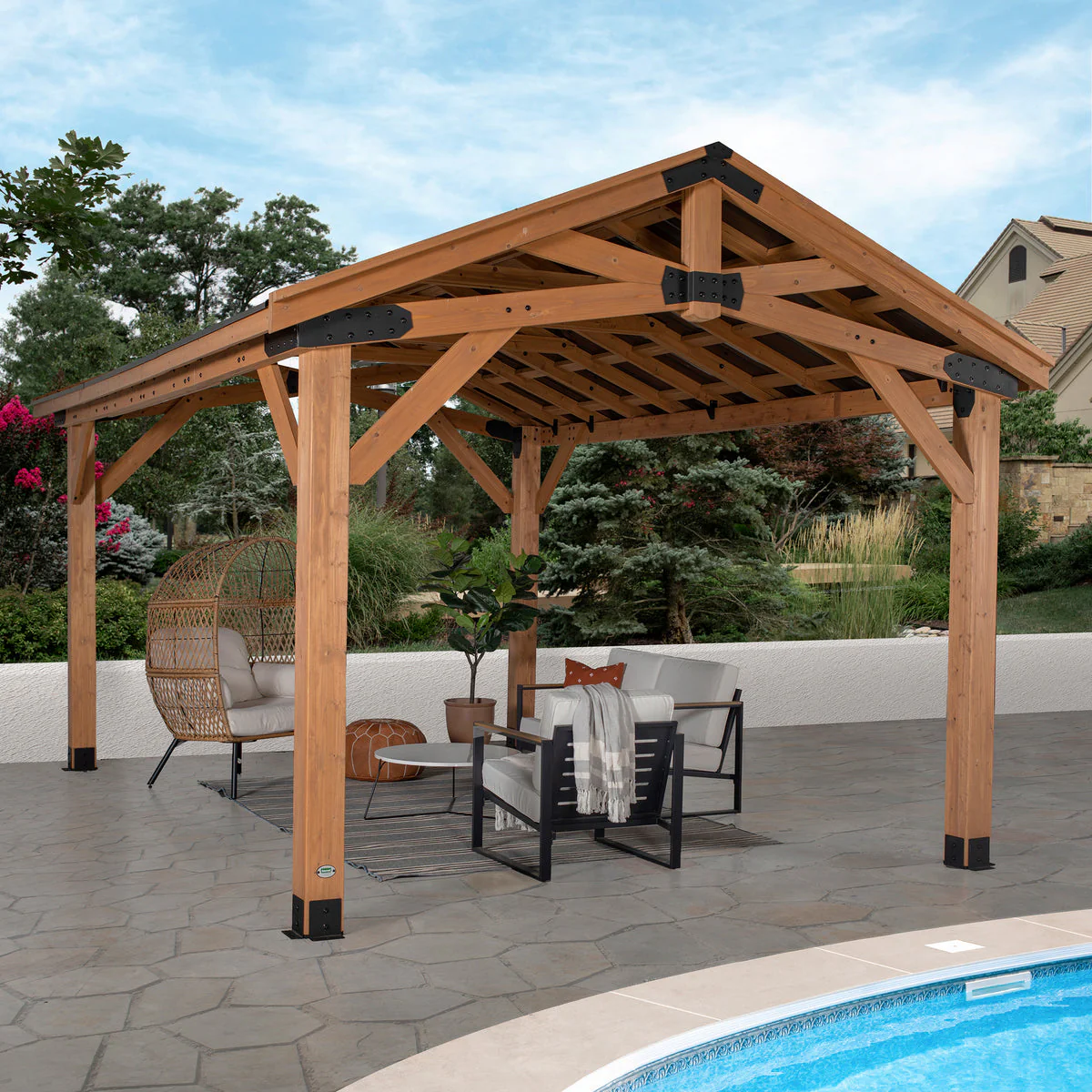TieDex Garden Structures Norwood Gazebo 16×12 ft (4.9×3.6 m) – Cedar Wood Frame, Heavy-Duty Steel Peak Roof, PowerPort™, Pro-Tect™ Tested, Easy Assembly, 5-Year Warranty