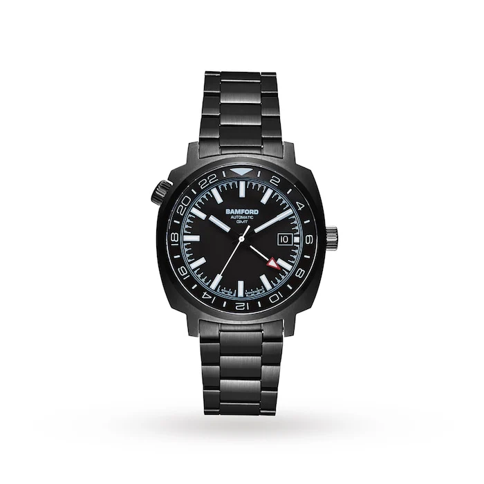 Bamford Automatic 40mm Men’s Watch with Black Material Dial, Stainless Steel Case & Bracelet, 100m Water Resistant / GMT-BLK-BLK-AQ