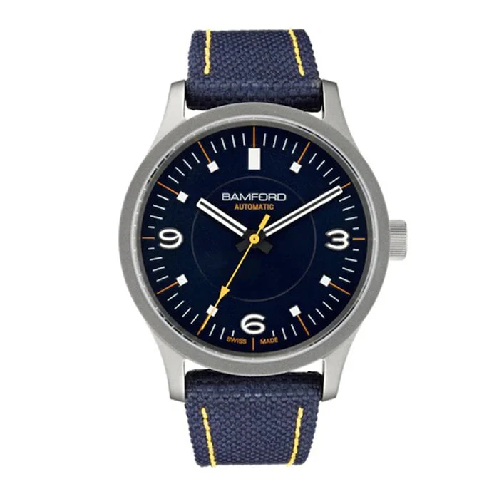 Bamford Heritage Automatic 39mm Men’s Watch with Blue Material Dial, Titanium Case, 100m Water Resistant / B80-HER-NVY