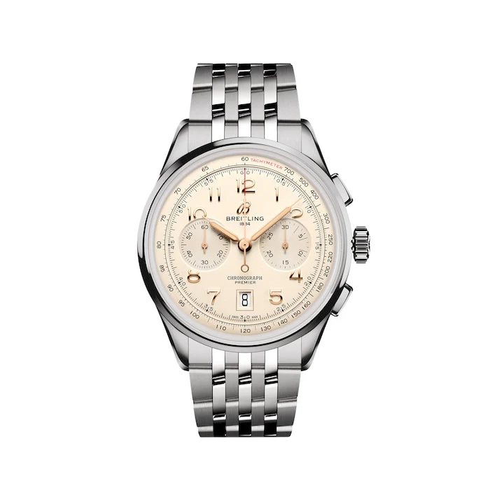 Breitling Premier Automatic 42mm Men’s Watch with Cream Material Dial, Stainless Steel Case & Bracelet, 100m Water Resistant / AB0145211G1A1
