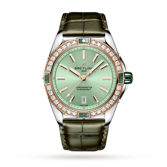 Breitling Super Chronomat Automatic 38 Green Stainless Steel & 18ct Rose Gold Leather Strap Watch U17356531L1P1