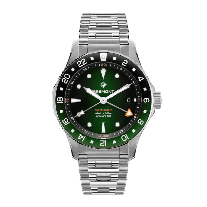 Bremont Automatic 40mm Men’s Watch with Green Material Dial, Stainless Steel Case & Bracelet, 300m Water Resistant / SM40-GMT-SS-GNBK-B