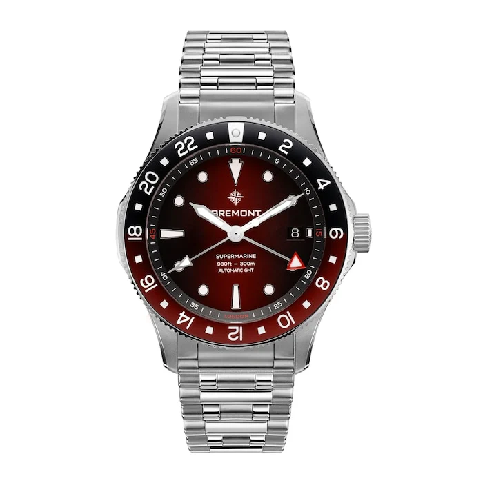 Bremont Automatic 40mm Men’s Watch with Red Material Dial, Stainless Steel Case & Bracelet, 300m Water Resistant / SM40-GMT-SS-RDBK-B