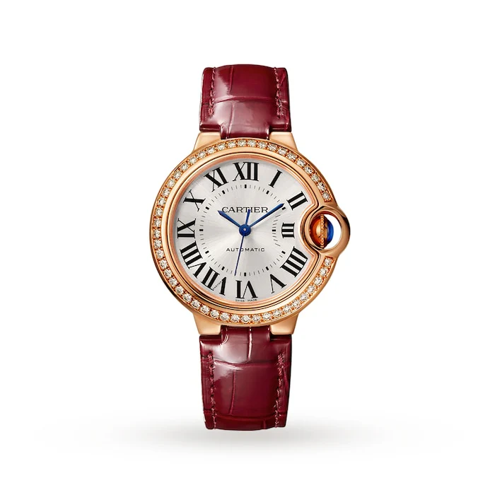 Cartier Ballon Bleu De Watch, 33mm, Rose Gold, Diamonds, Leather Luxury Watch Swiss Made High Precision Movement WJBB0033