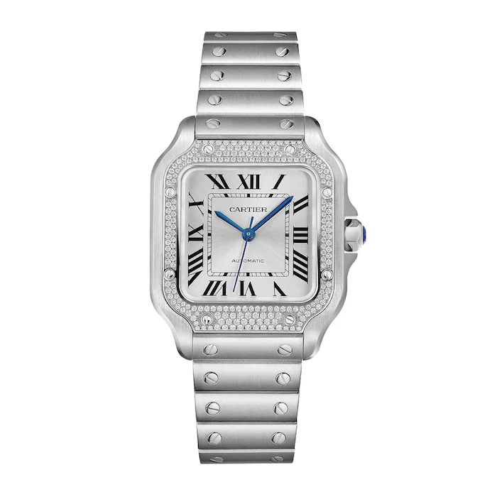 Cartier Santos De Cartier Watch Medium Model, Automatic, Steel, Diamonds, Interchangeable Metal And Leather Bracelets W4SA0005