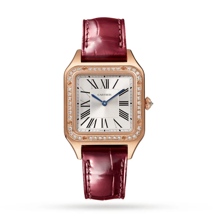 Cartier Santos-Dumont Watch Small Model, Rose Gold, Diamonds, Leather Strap Luxury Watch Swiss Made WJSA0017
