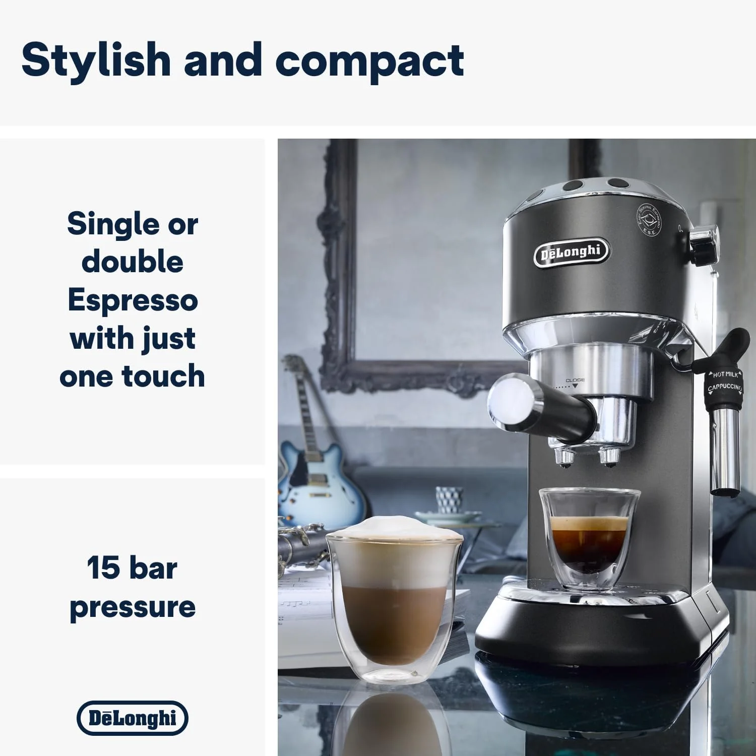De'Longhi Dedica Style, Traditional Pump Espresso Machine, Coffee and Cappuccino Maker, EC685BK, Black - Image 2