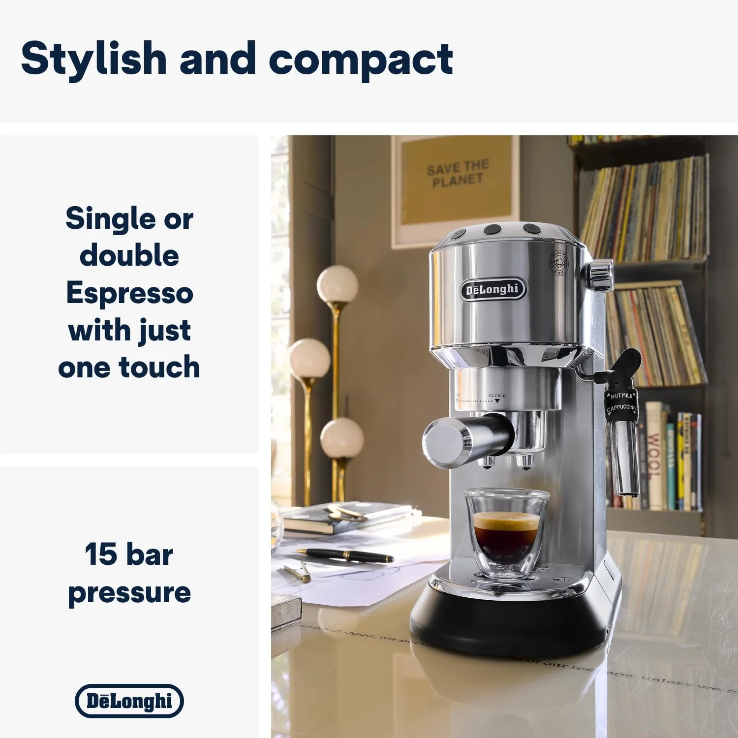 De'Longhi Dedica Style, Traditional Pump Espresso Machine, Coffee and Cappuccino Maker, EC685M, Silver - Image 2