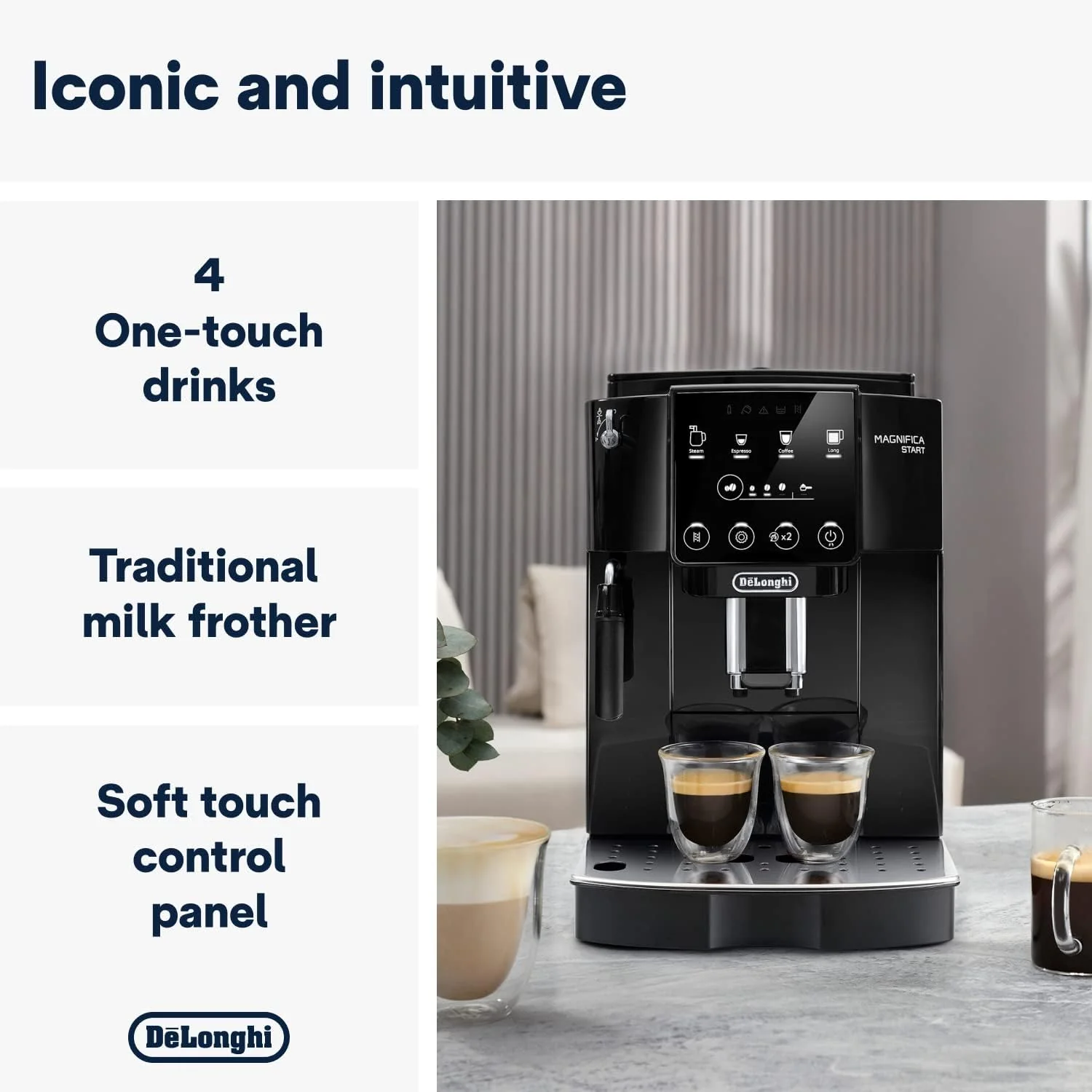De'Longhi Magnifica ECAM222.20.B, Automatic Coffee Machine with Milk Nozzle, Bean to Cup Espresso Machine with 4 One-Touch Recipes, Soft-Touch Control Panel, 1450W, Black - Image 2