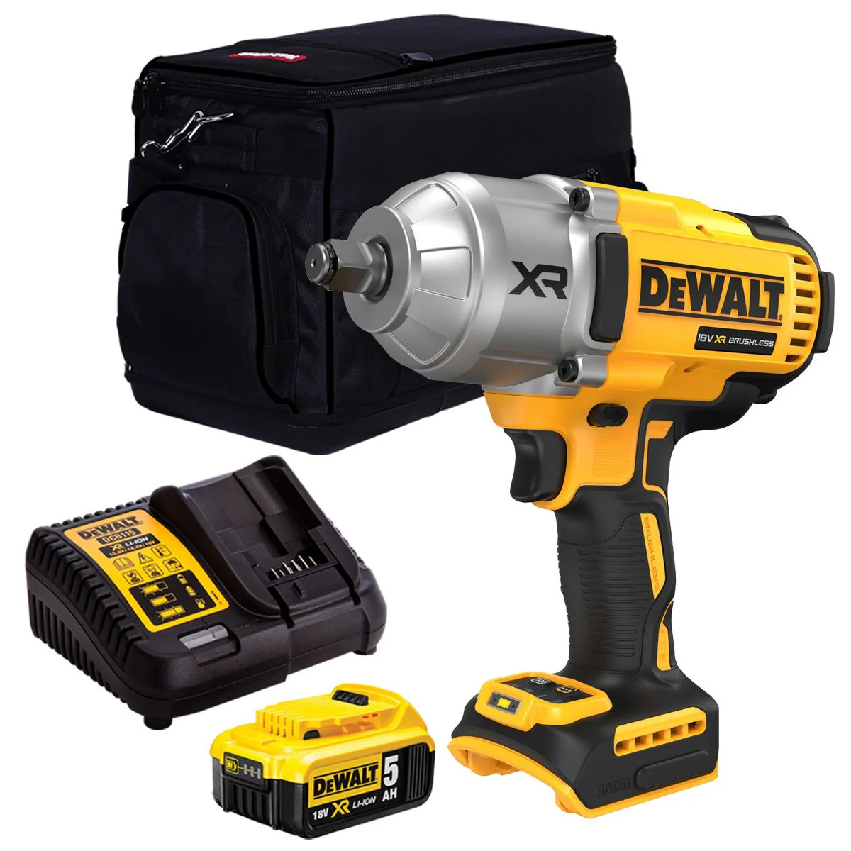 Dewalt DCF900N 18V XR Brushless 1/2ā High Torque Impact Wrench Hog Ring with 1 x 5.0Ah Battery Charger & 20" Bag