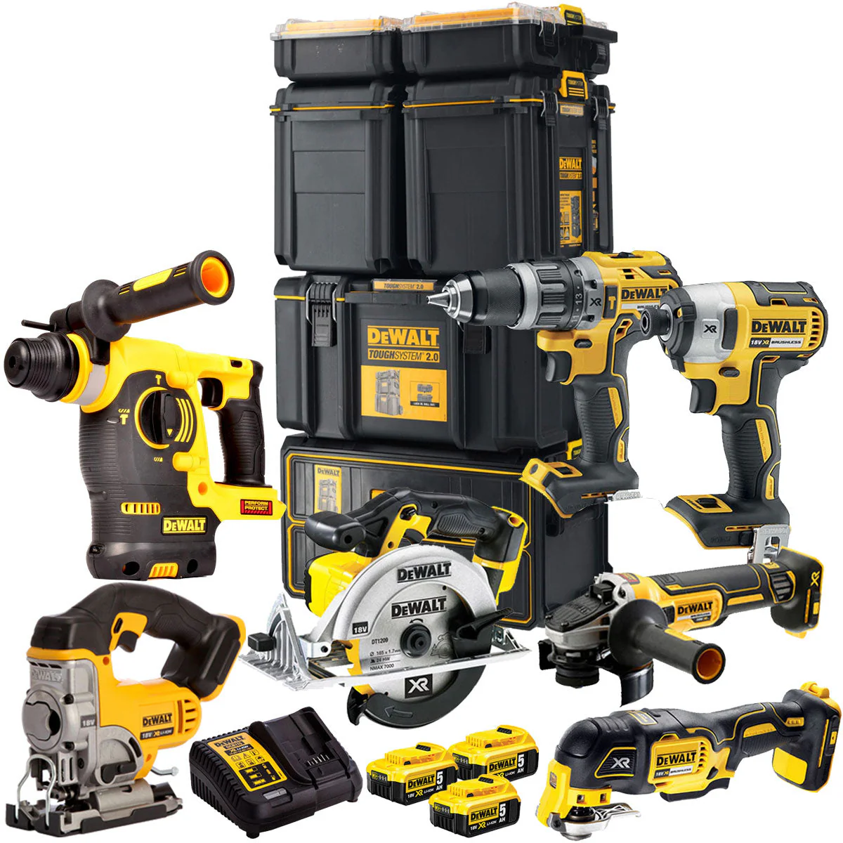 DeWalt DCKT4T7P1 18V XR 7 Piece Power Tool Kit with 3 x 5.0Ah Batteries & Toughsystem Box