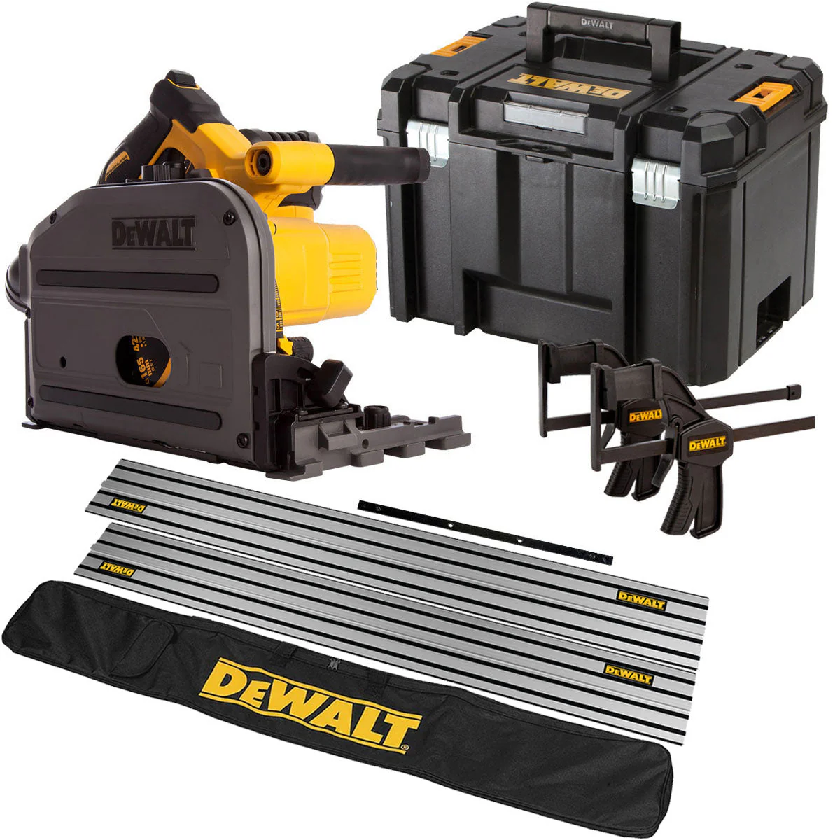 DeWalt DCS520NT 54V XR Flexvolt Brushless 165mm Plunge Saw 2 x 1.5m Guide Rail Clamps & Case + Rail Bag
