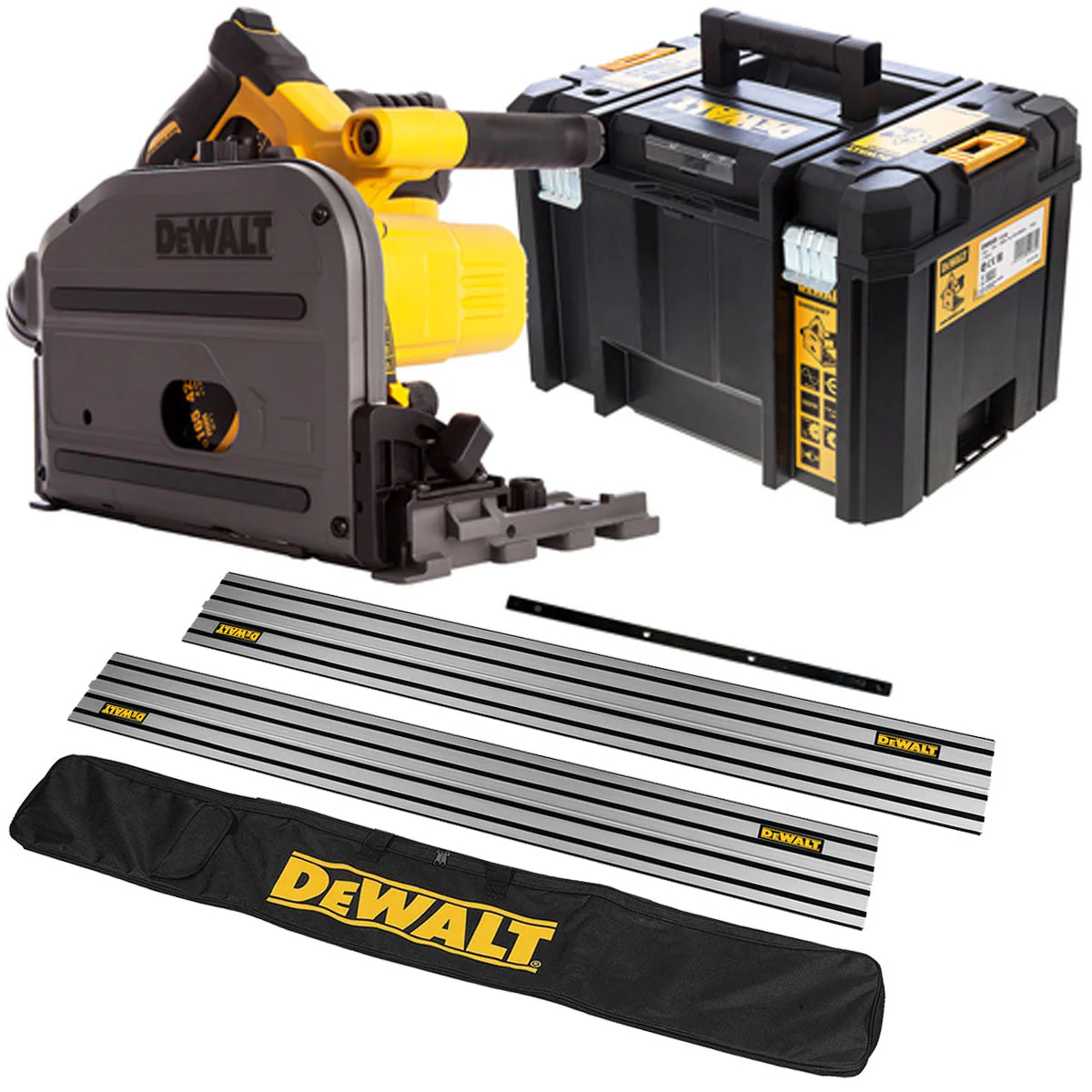 DeWalt DCS520NT 54V XR Flexvolt Brushless 165mm Plunge Saw with 2 x 1.5m Guide Rail & Case + Rail Bag