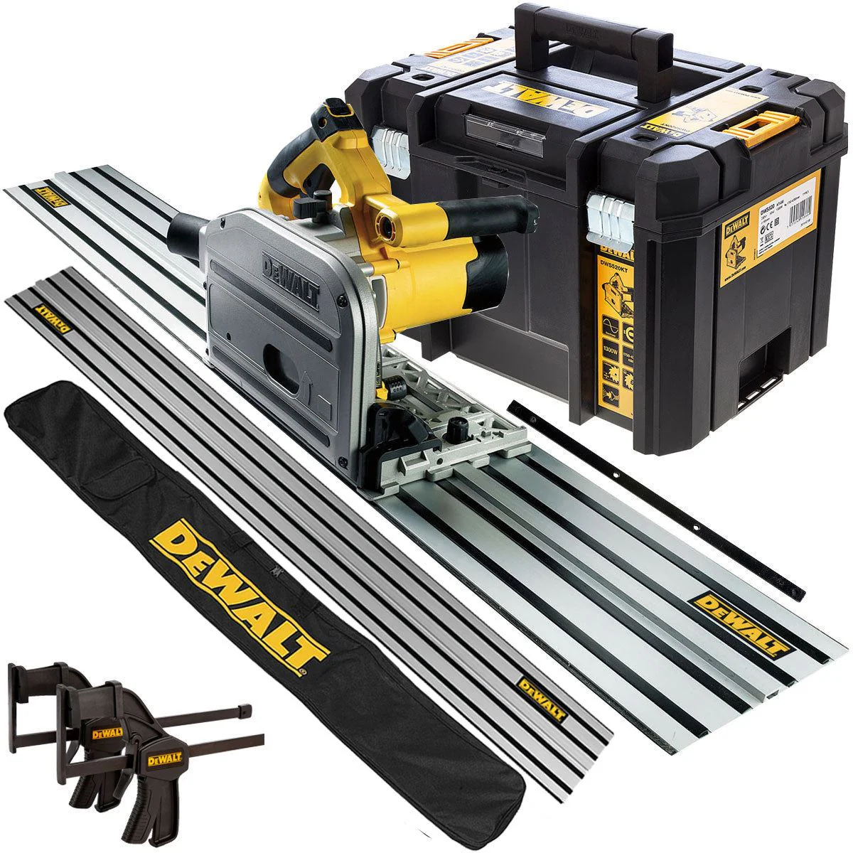 Dewalt DWS520KT 110V Plunge Saw with 2 x 1.5m Guide Rails Connector Clamps & Bag