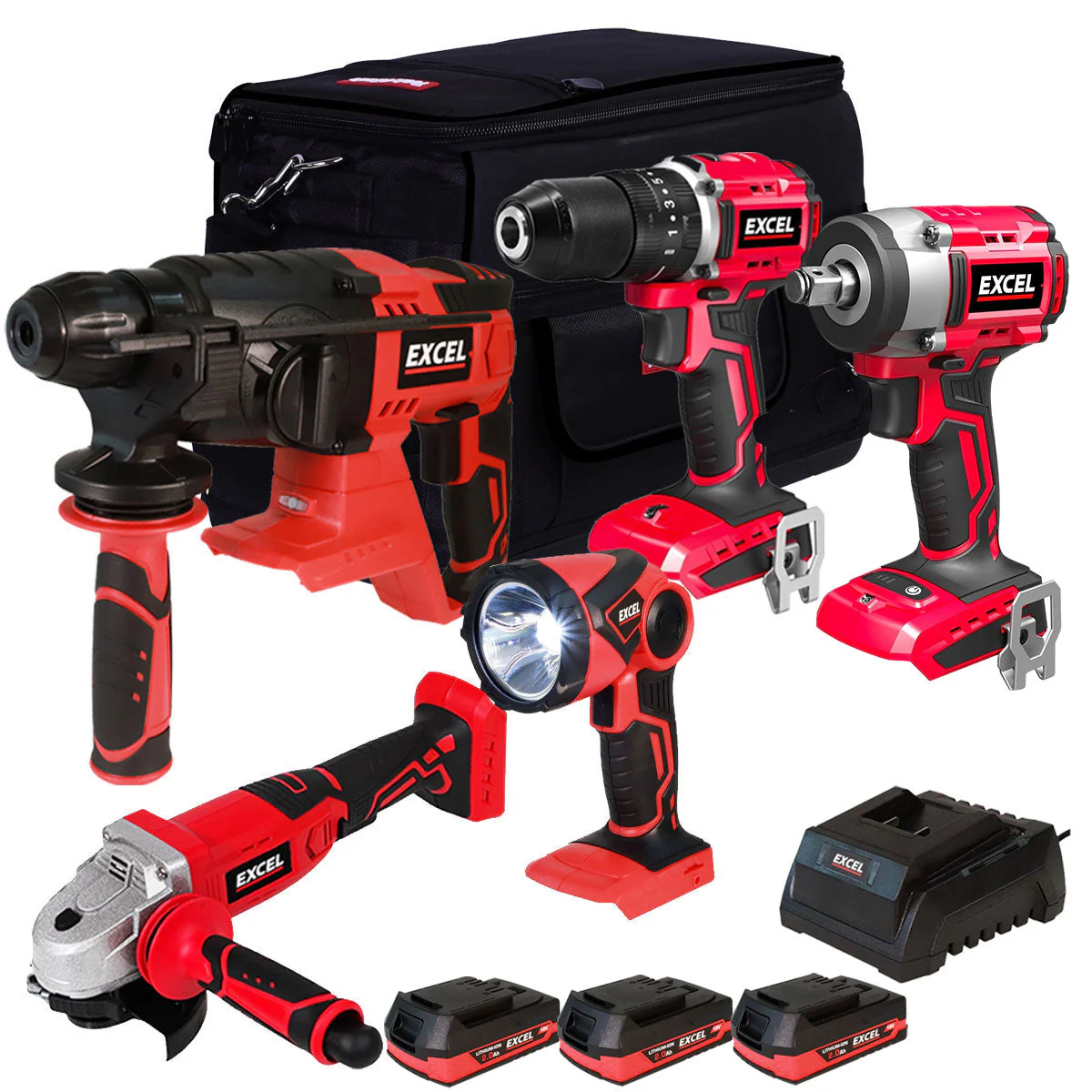 Excel 18V 5 Piece Cordless Power Tool Kit with 3 x 2.0Ah Batteries Charger & 20" Bag