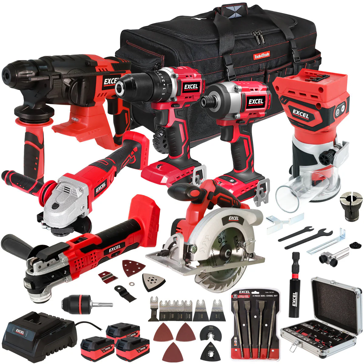 Excel 18V 7 Piece Power Tool Kit with 3 x 5.0Ah Battery Charger & Accessories EXLKIT-17301