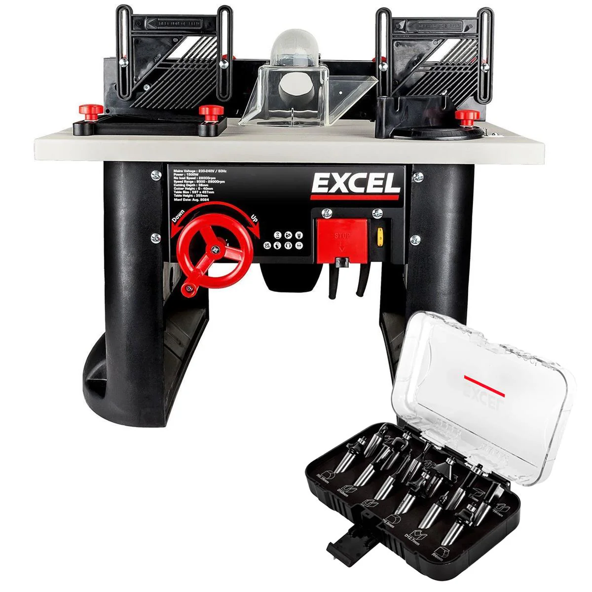 Excel Table Router Cutter 240V/1500W Black with 1/2in Shank TCT Router Cutter Bit 12 Piece Set