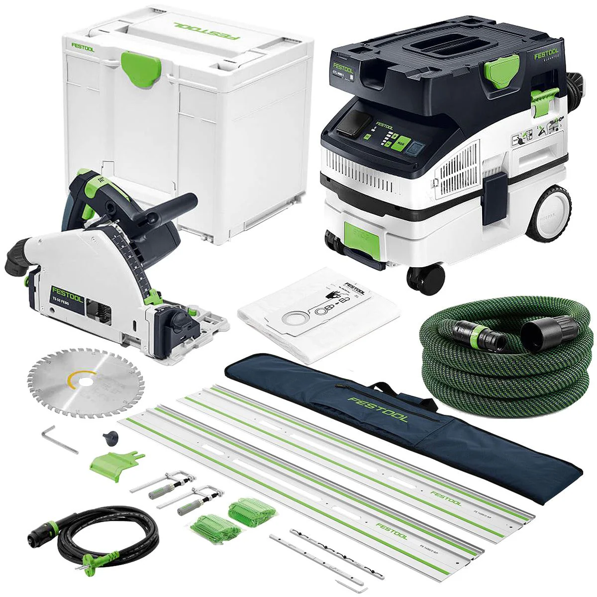 Festool TS 55 FEBQ-Plus 230V GB 160mm Plunge-Cut Saw - 576706 With Guide Rail Kit Set 577932 & Dust Extractor 578315