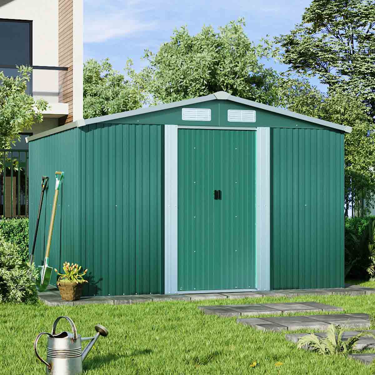 Garden Sanctuary 8x8ft Large Metal Garden Tool Storage Shed, Green - Image 4