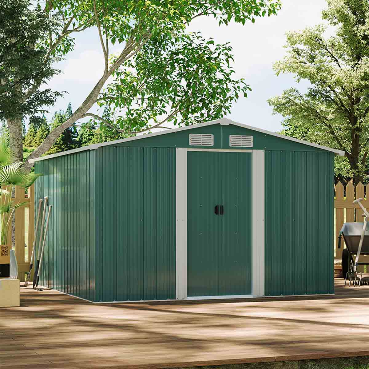 Garden Sanctuary 8x8ft Large Metal Garden Tool Storage Shed, Green - Image 5