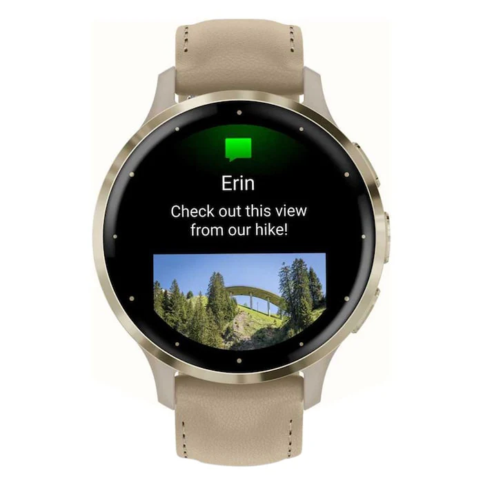 Garmin Venu 3s Soft gold stainless steel bezel with French grey case and leather band Smart Watch 010-02785-55