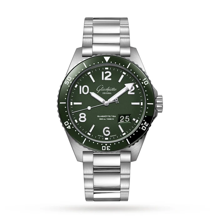 Glashutte Original Automatic Men’s Watch with Green Material Dial, Stainless Steel Case & Bracelet, 100m Water Resistant / 1-36-13-07-83-70