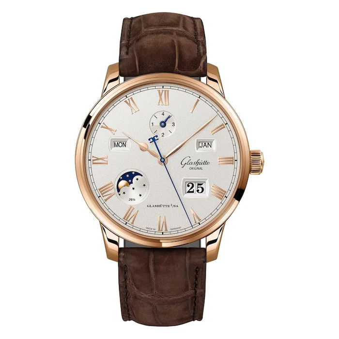 Glashutte Original Senator Excellence Perpetual Calendar 42mm Mens Watch Silver Brown Alligator Luxury Watch Swiss Made Highâ Precision Movement 1-36-12-02-05-62