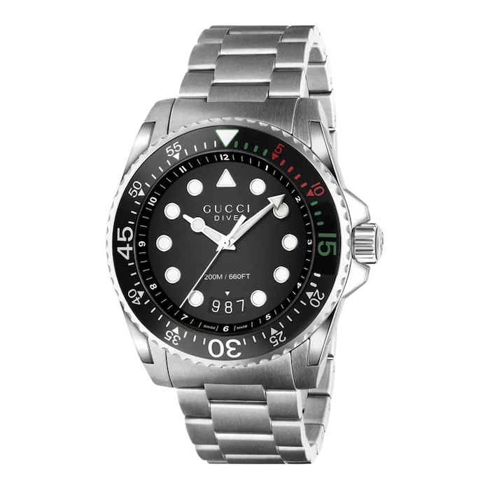 Gucci Quartz 45mm Men’s Watch with Black Material Dial, Stainless Steel Case & Bracelet, 200m Water Resistant / YA136208A
