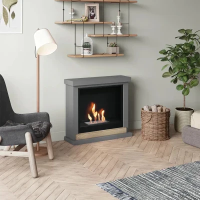 Hagen Bioethanol Fireplace Mantel - Grey Freestanding Bioethanol Fireplace, Ventless Ethanol Fireplace,