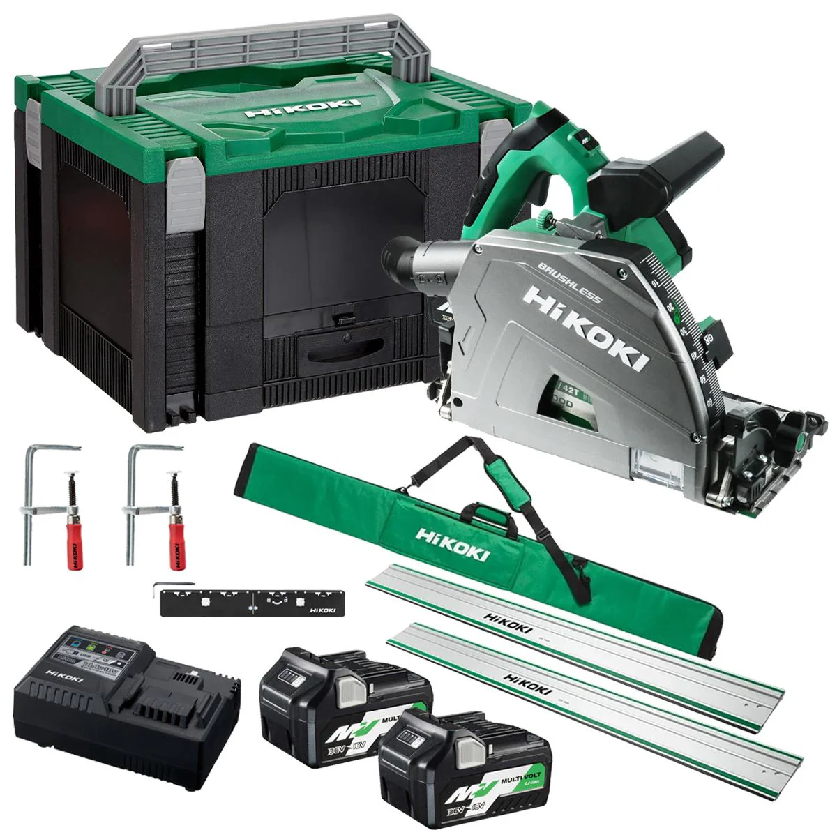 HiKOKI C3606DPAJVZ 36V MultiVolt Brushless 165mm Plunge Saw with 2 x 4.0/8.0Ah Batteries with Guide Rail Kit