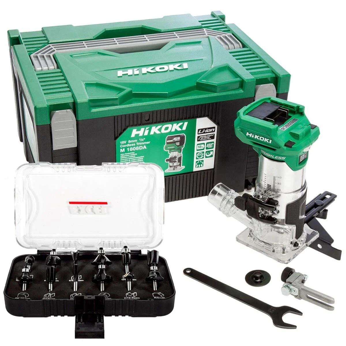 Hikoki M1808DAJ2Z 18V 1/4" Brushless Router Trimmer with 12 Piece Cutter Set