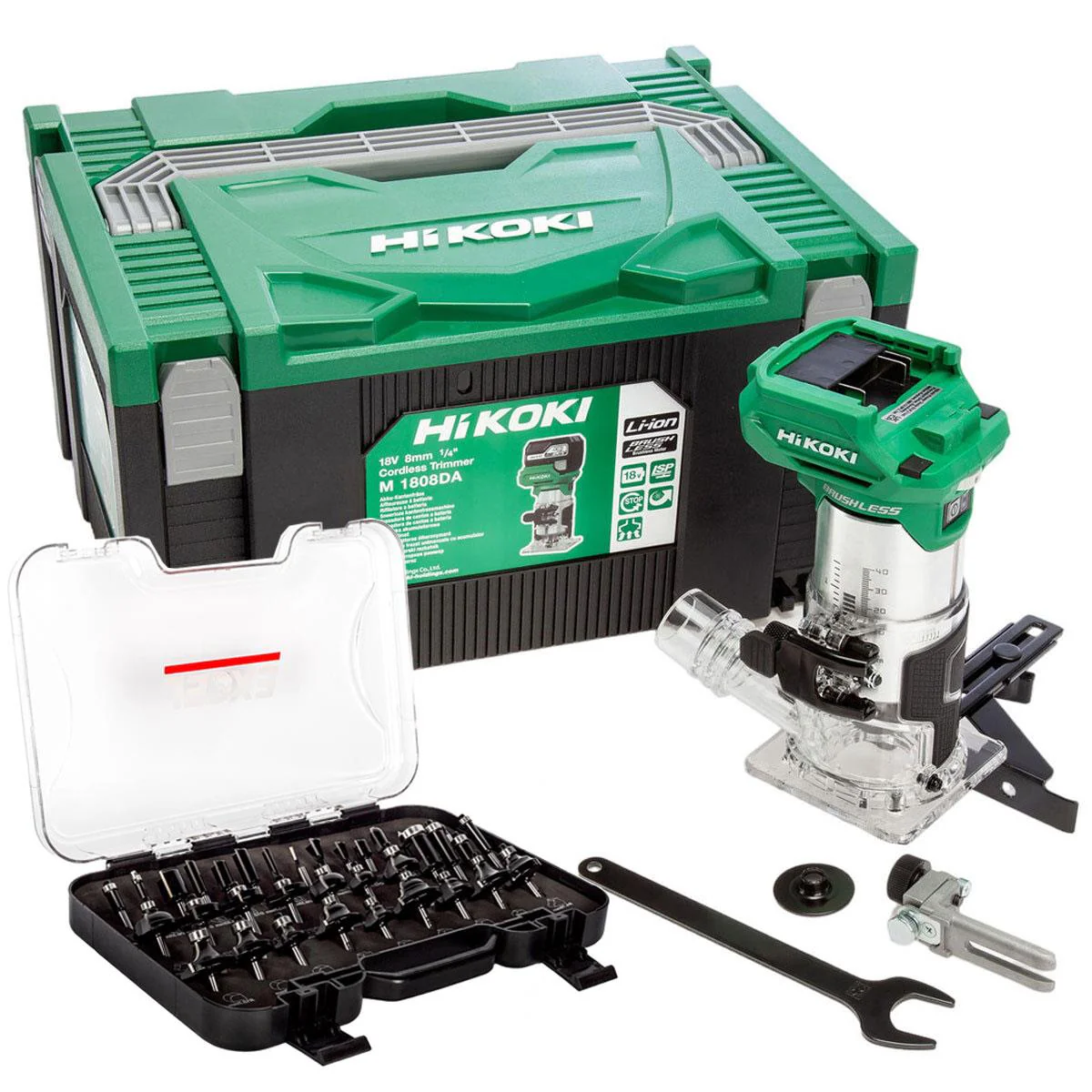 Hikoki M1808DAJ2Z 18V 1/4" Brushless Router Trimmer with 35 Piece Cutter Set