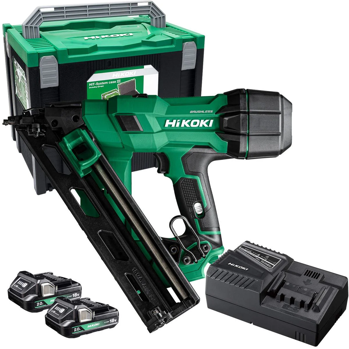 Hikoki NT1865DAAJXZ 18V Brushless 2nd Generation 15G Angled Finishing Nailer with 2 x 2.0Ah Battery Charger & Case