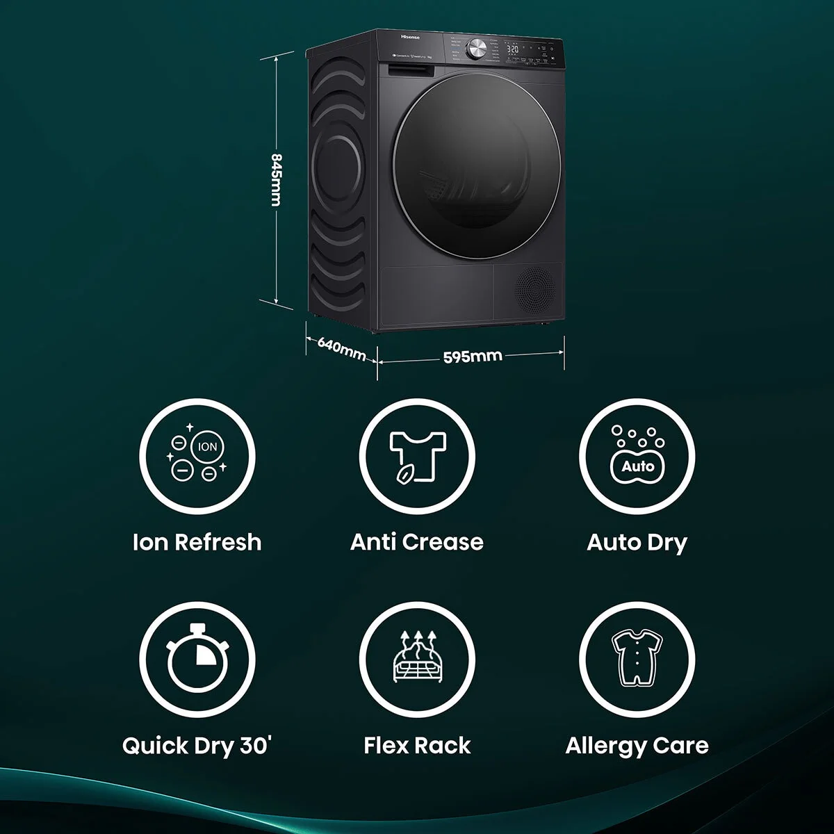 Hisense DH5S902BB, 9kg Heat Pump Dryer, A+++ Rated in Black - Image 3