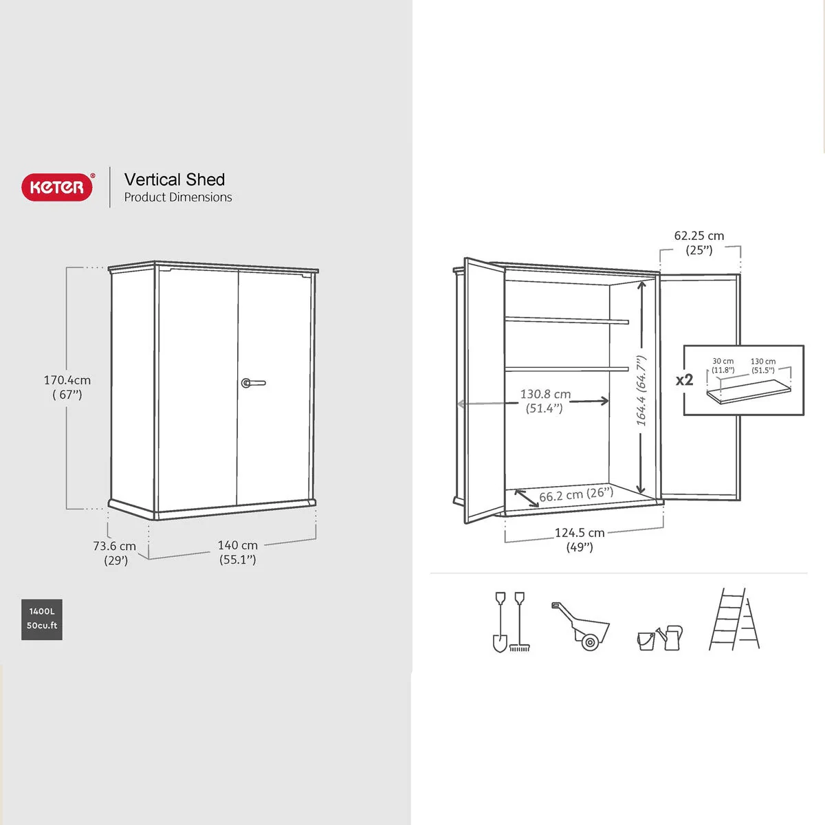 Keter Ashwood Signature Alto 4ft 6" x 2ft 4" (1.4 x 0.7m) 1,415 Litre Vertical Storage Shed with Shelves - Image 2