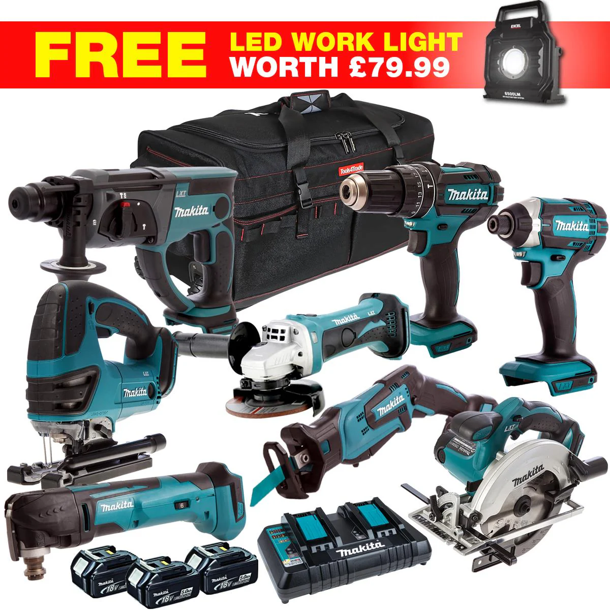 Makita 18V 9 Piece Combo Kit with 3 x 5.0Ah Batteries & Charger T4TKIT-27803
