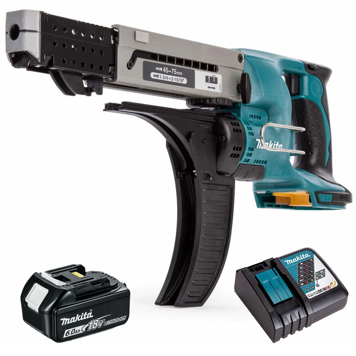 Makita DFR750Z 18V LXT Auto Feed Screwdriver with 1 x 6.0Ah Battery & Charger