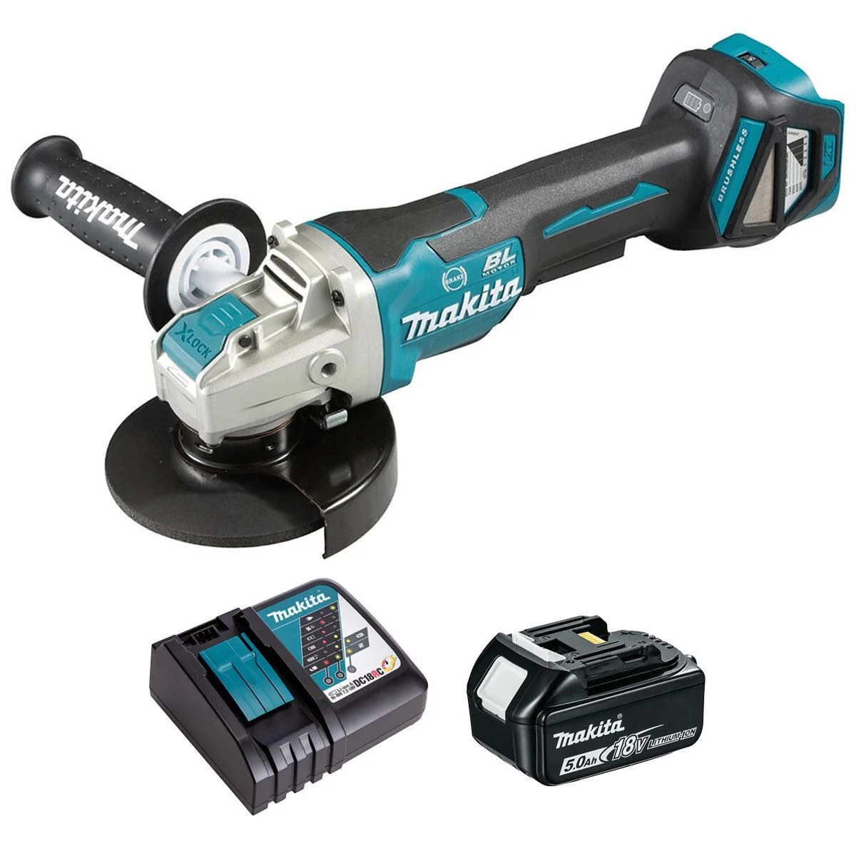 Makita DGA519Z 18V LXT Brushless 125mm Angle Grinder with 1 x 5.0Ah Battery & Charger