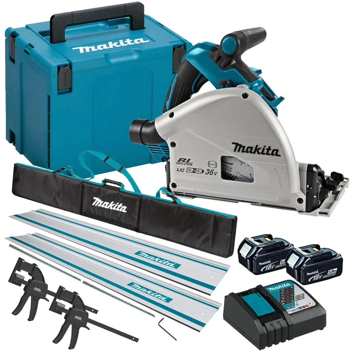 Makita DSP601ZJU 36V Brushless AWS Plunge Saw Rail kit with 2 x 5.0ah & Charger