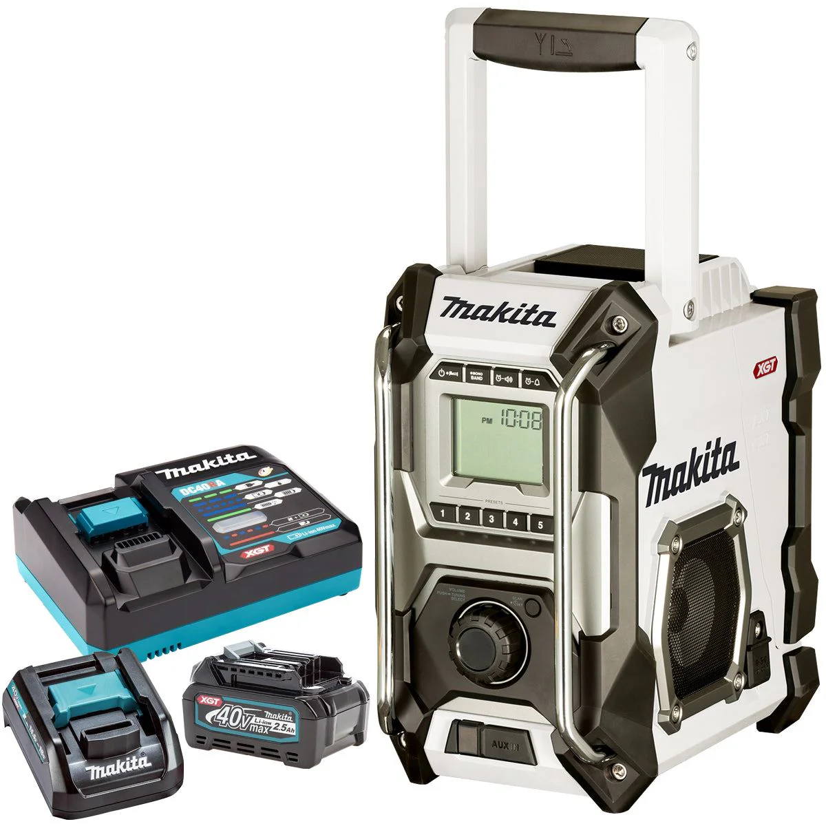 Makita MR001GZ01 12V / 40V / CXT / LXT / XGT Job Site Radio White with 1 x 2.5Ah Battery Charger & Adaptor