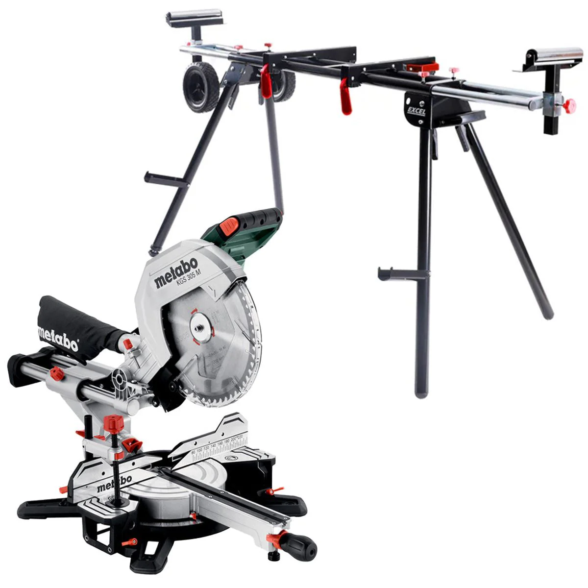 Metabo KGS 305 M 305mm Double Bevel Sliding Compound Mitre Saw 240V/1600W with Universal Wheel Stand