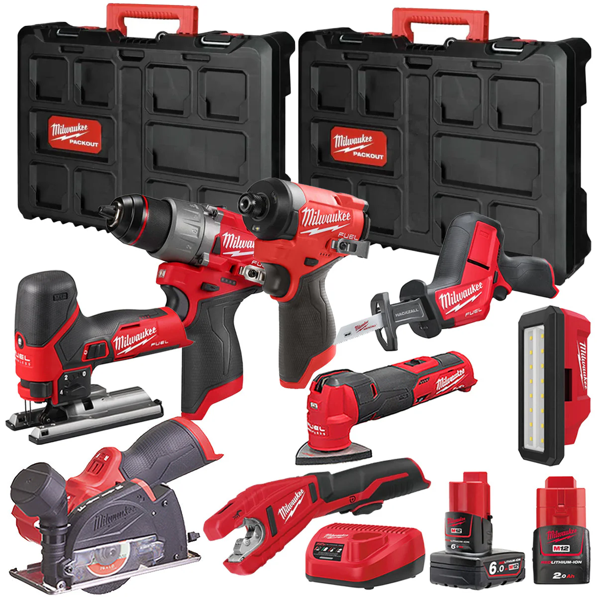 Milwaukee M12FPP7B2-655P 12V Fuel 8 Piece Powerpack Tool Kit with 1 x 6.0Ah & 2.0Ah Batteries, Charger & Case