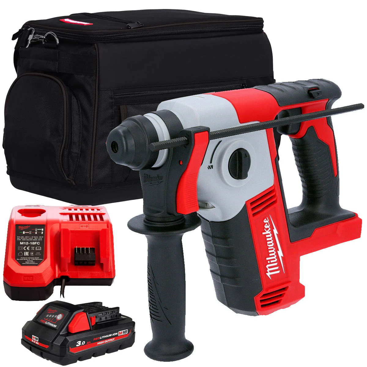 Milwaukee M18BH-0 18V SDS+ 2 Mode Hammer Drill with 1 x 3.0Ah Battery Charger & Bag