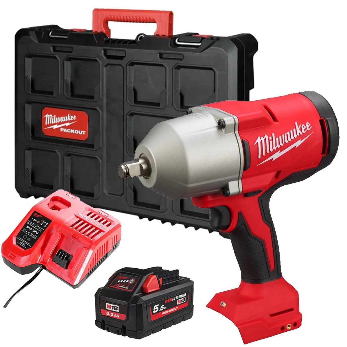 Milwaukee M18BLHIWF12-0X 18V Brushless 1/2" High Torque Impact Wrench with 1 x 5.5Ah Battery Charger & Case