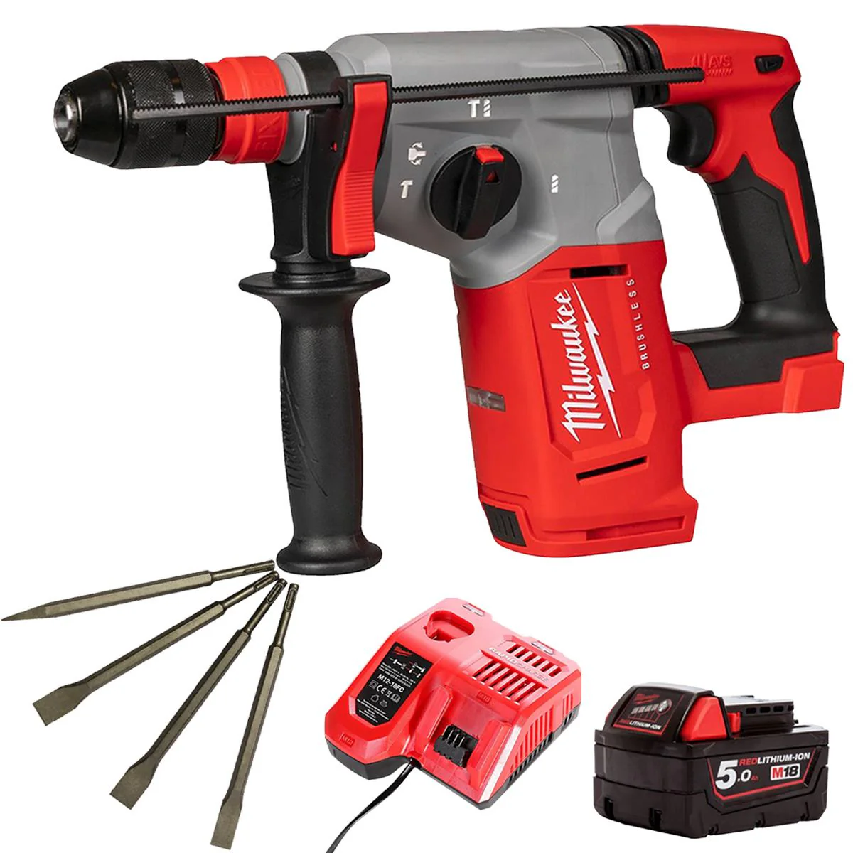 Milwaukee M18BLHX-0 18V Brushless 4-Mode SDS+ Hammer Drill With 1 x 5.0Ah Battery Charger & 4 Piece Chisel Set