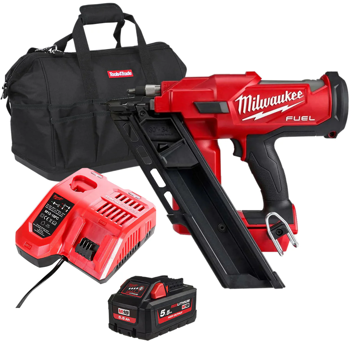 Milwaukee M18FFN-0 18V Fuel Brushless First Fix Angled Framing Nailer with 1 x 5.5Ah Battery Charger & Bag
