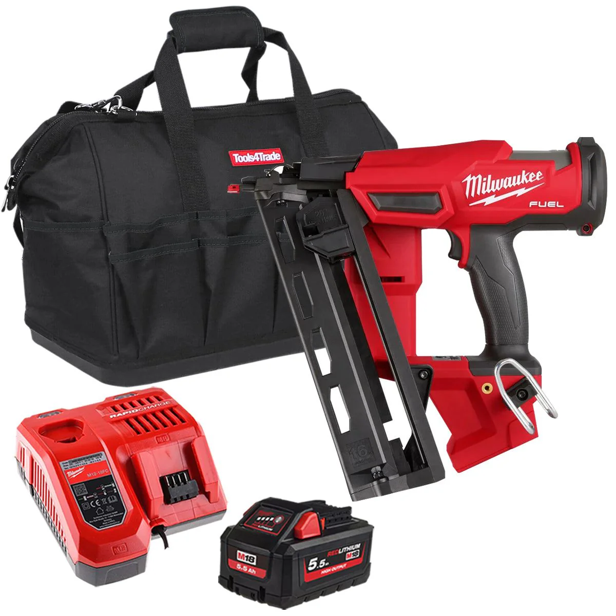 Milwaukee M18FN16GA-0 18V Brushless 16G Angled Finish Nailer with 1 x 5.5Ah Battery Charger & Bag